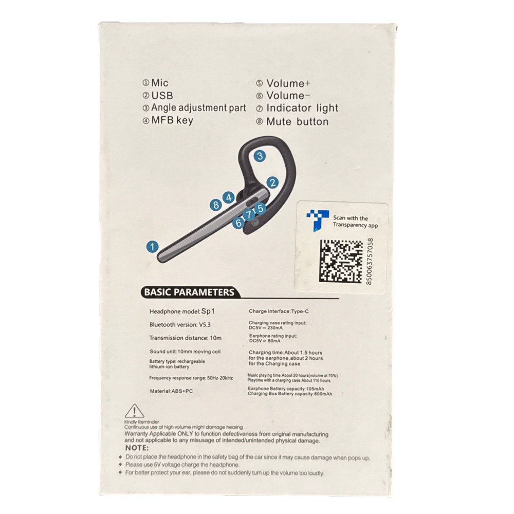 TERUNSOUI Sp1 Bluetooth Headset V5.3 Wireless Earpiece w/ Case Open Box