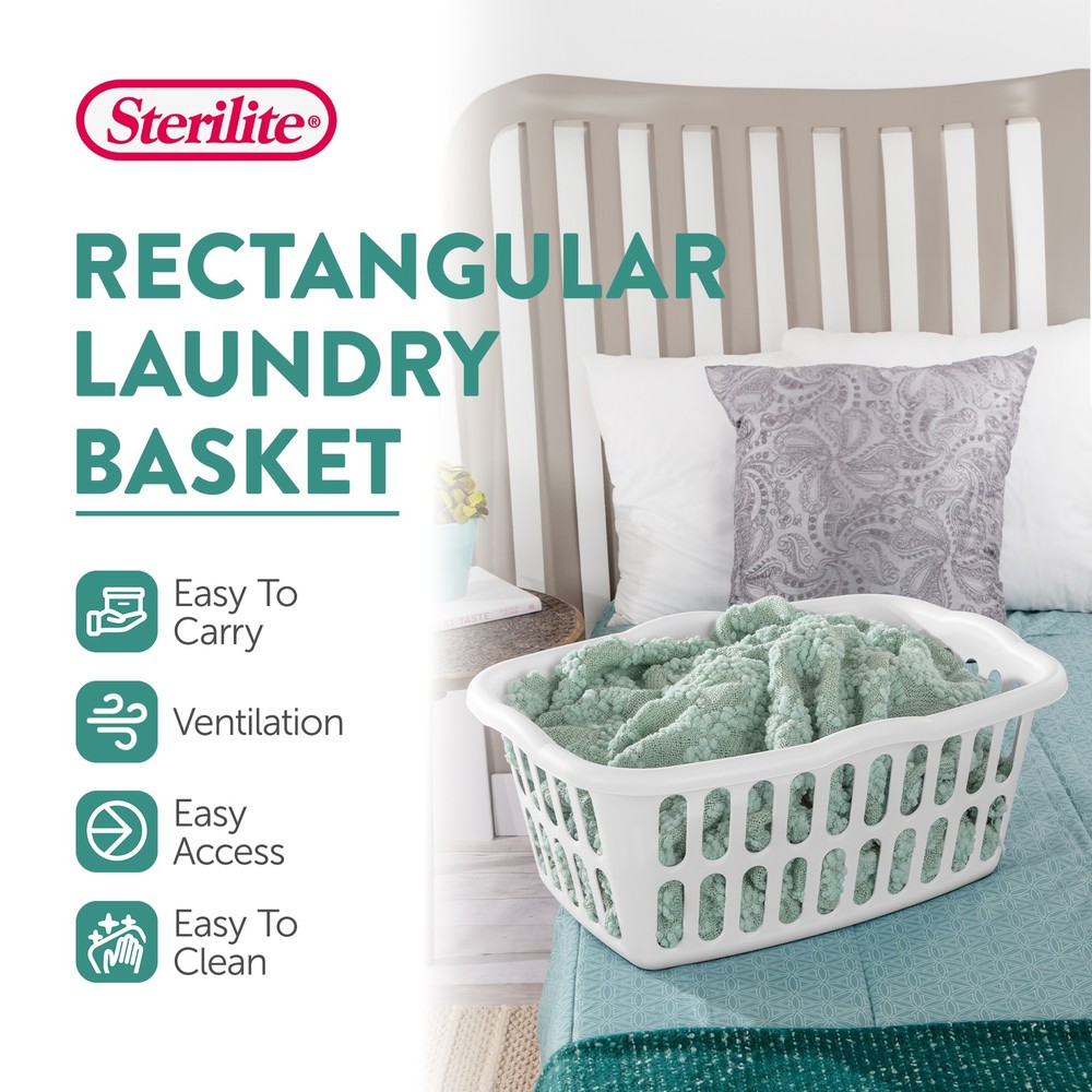 Sterilite 1.5 Bushel Rectangular Plastic Laundry Basket Bins, White, 12 Pack