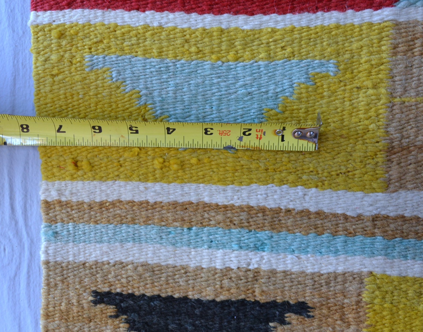 Unique Old Navajo Rug - Optical Design in Turquoise Yellow Red Black - 39" x 19"