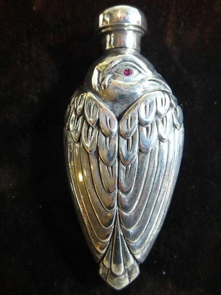 SUPERB SOLID SILVER BIRD SCENT PERFUME BOTTLE SET WITH RUBY EYES
