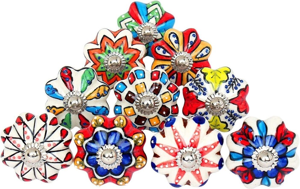 Indian 10 Pc Painted Colorful Cermic Door Knobs Pull Handles Cabinet Hand