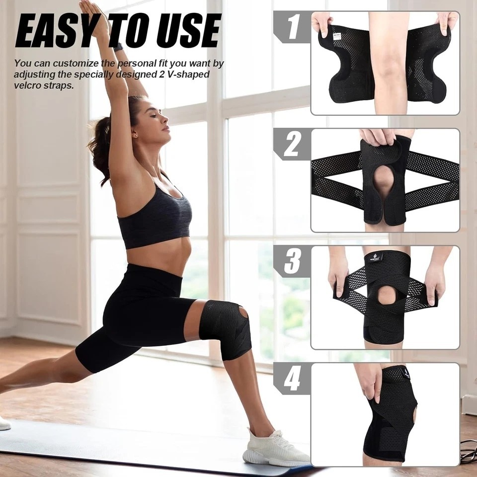 Black Knee Brace Compression Sleeve Joint Support Open Patella Stabilizer Wrap