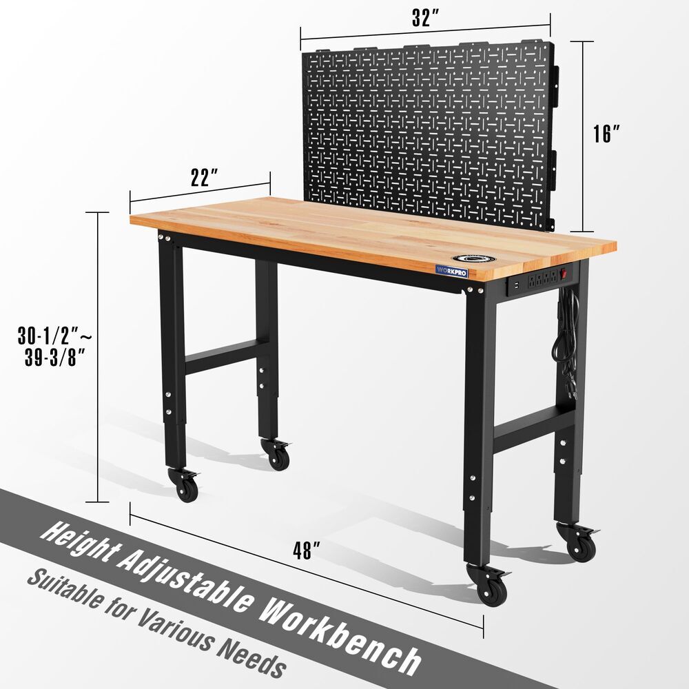 WORKPRO 48" Adjustable Workbench 2PC 16x32" Metal Pegboard 1500LBS Load Capacity