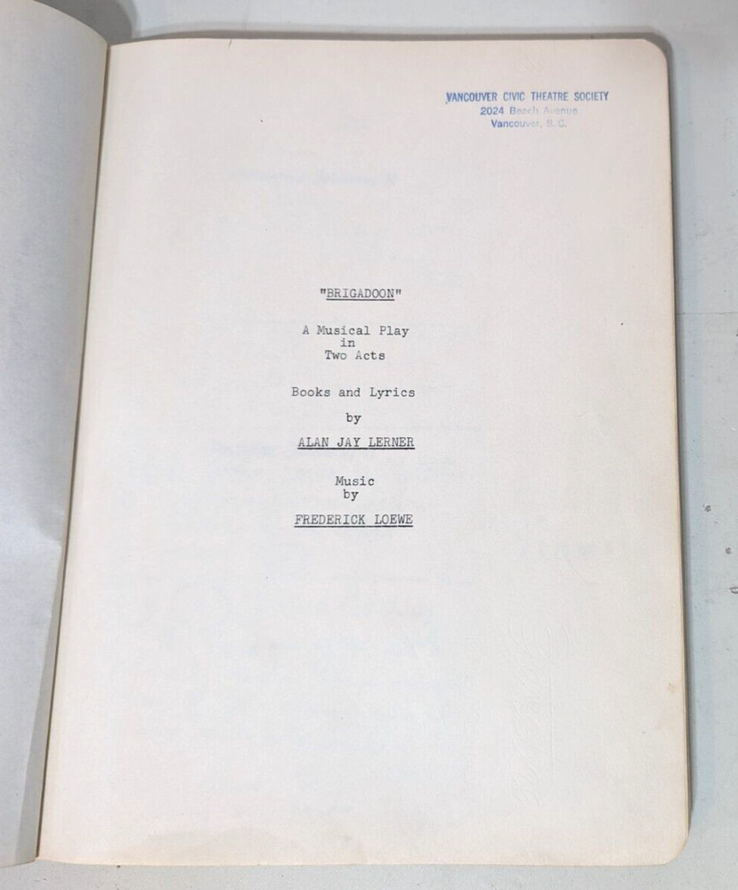 Brigadoon Playscript Vancouver B.C. Civic Theater Society