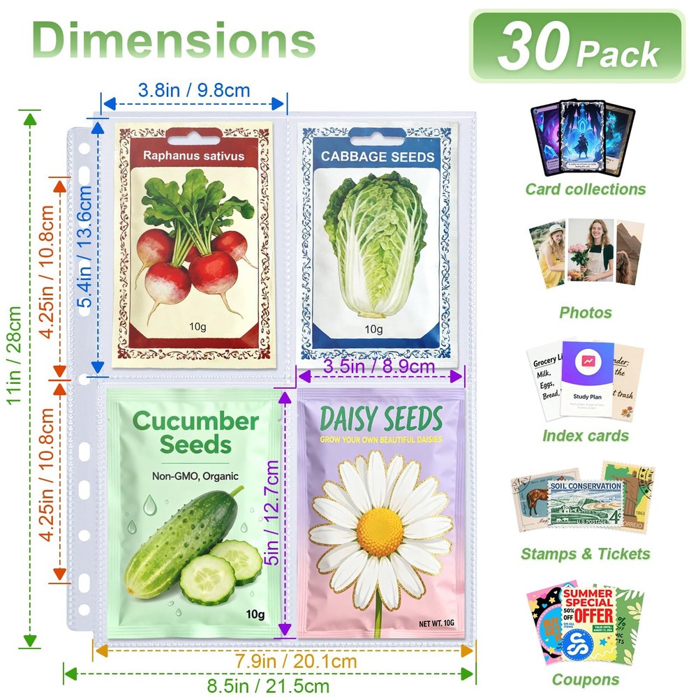 Double Sided Seed Storage, 240 Pockets, 8.5x11” Organizer Sheets, Multicolor