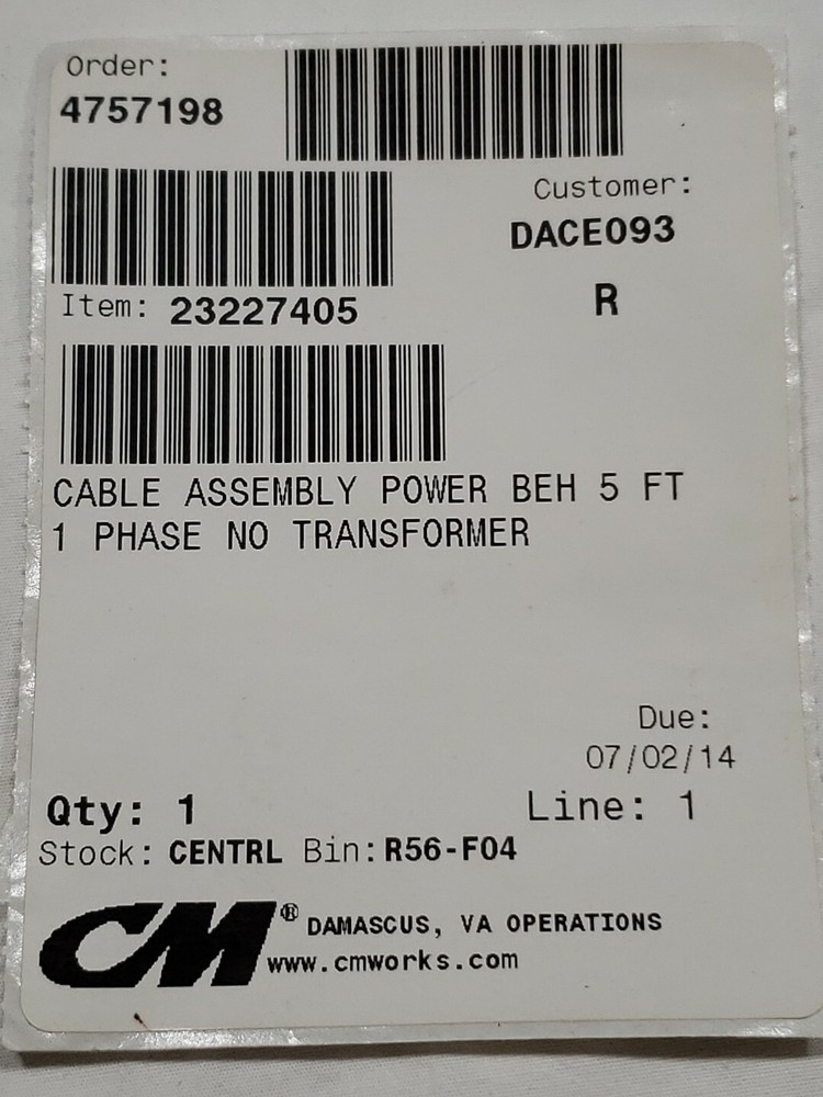 CABLE ASSEMBLY POWER BEH 5 FT Model 23227405 CM CMWORKS
