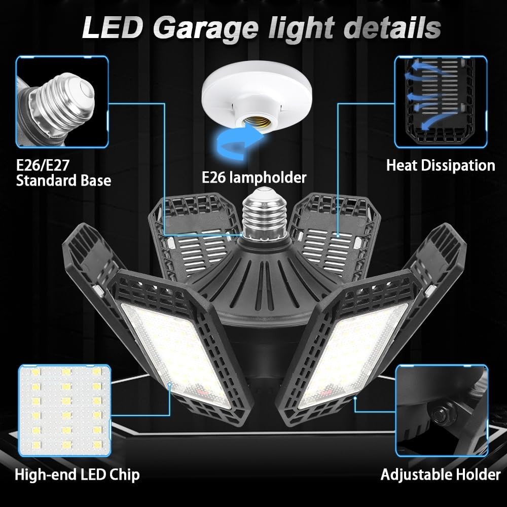 2 Pack Garage Light 200W 20000 Lumen w 6 Adjustable Panels E26/E27 Screw-in LED