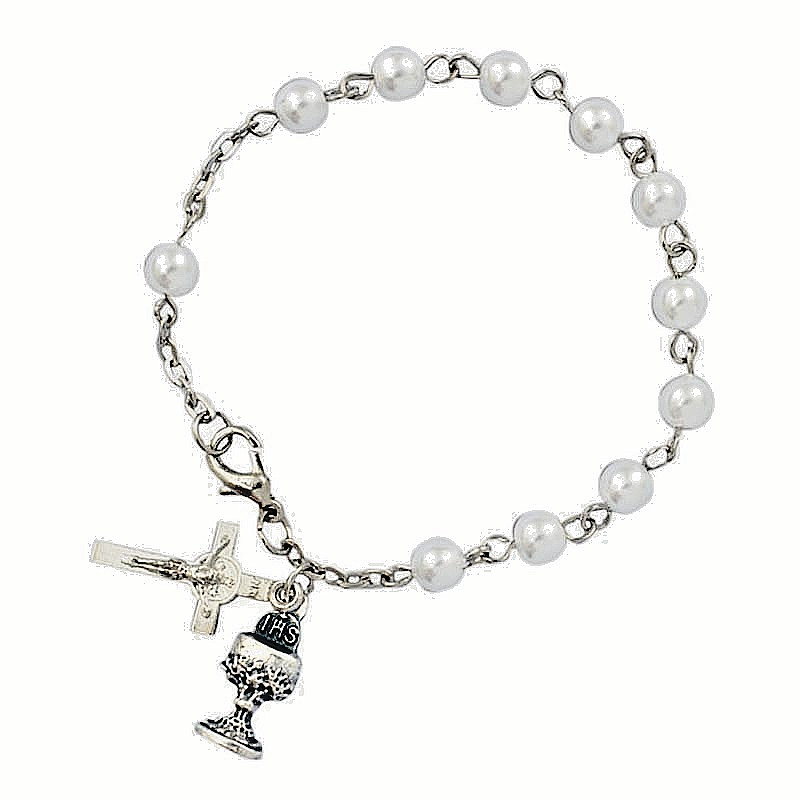 First Communion Rosary Bracelet with Artificial Pearl Beads and Dangles