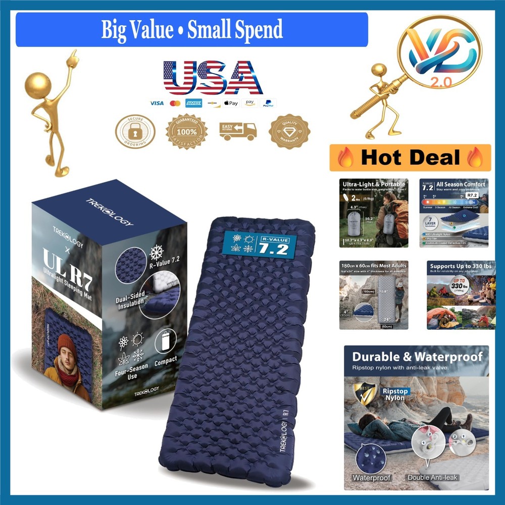 Ultralight Camping Sleeping Pad 4" Thick 7.2 R-Value Waterproof Compact