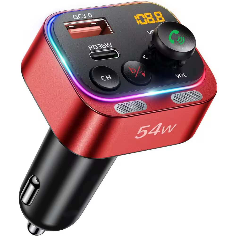 Bluetooth 5.4 FM Transmitter Car Adapter 54W PD 36-Watt &18-Watt Dual Mics Hifi