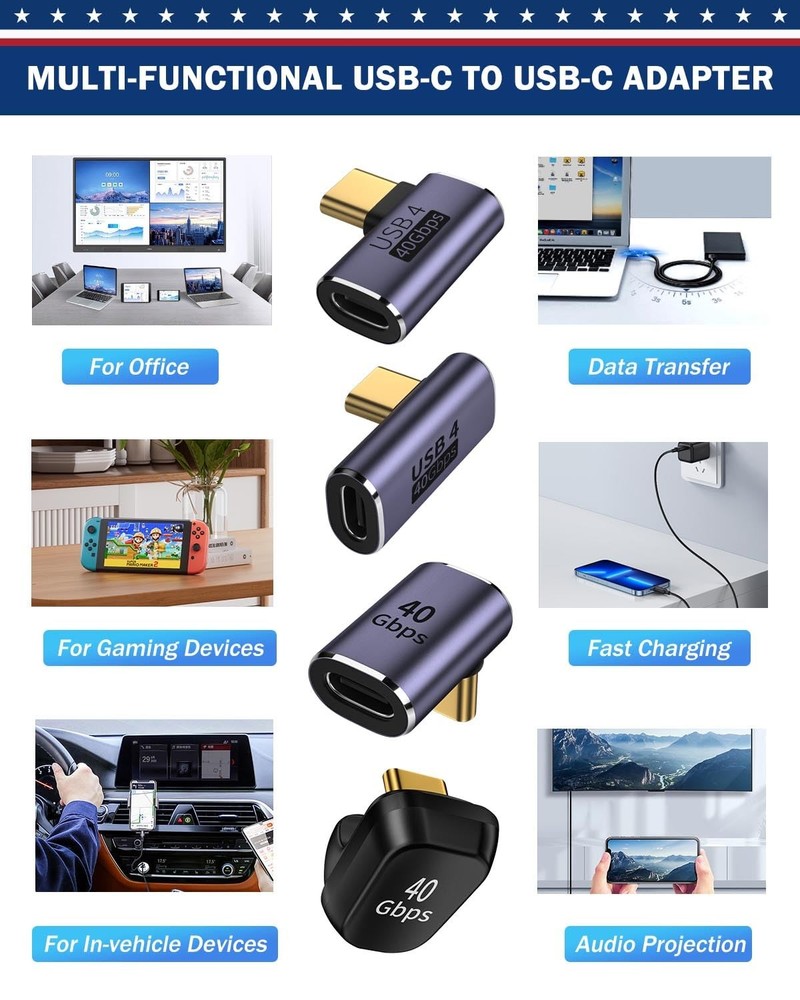ShineeKee 90 Degree Right Angle USB C Adapter 40Gbps Data 2PCS, Space Grey
