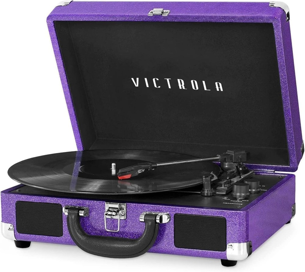 Purple Glitter Suitcase Record Player Bluetooth 3 Speed