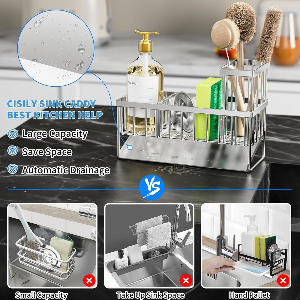Sink Caddy Sponge Holder for Kitchen, 304 Stainless Steel Rustproof, Kitchen ...