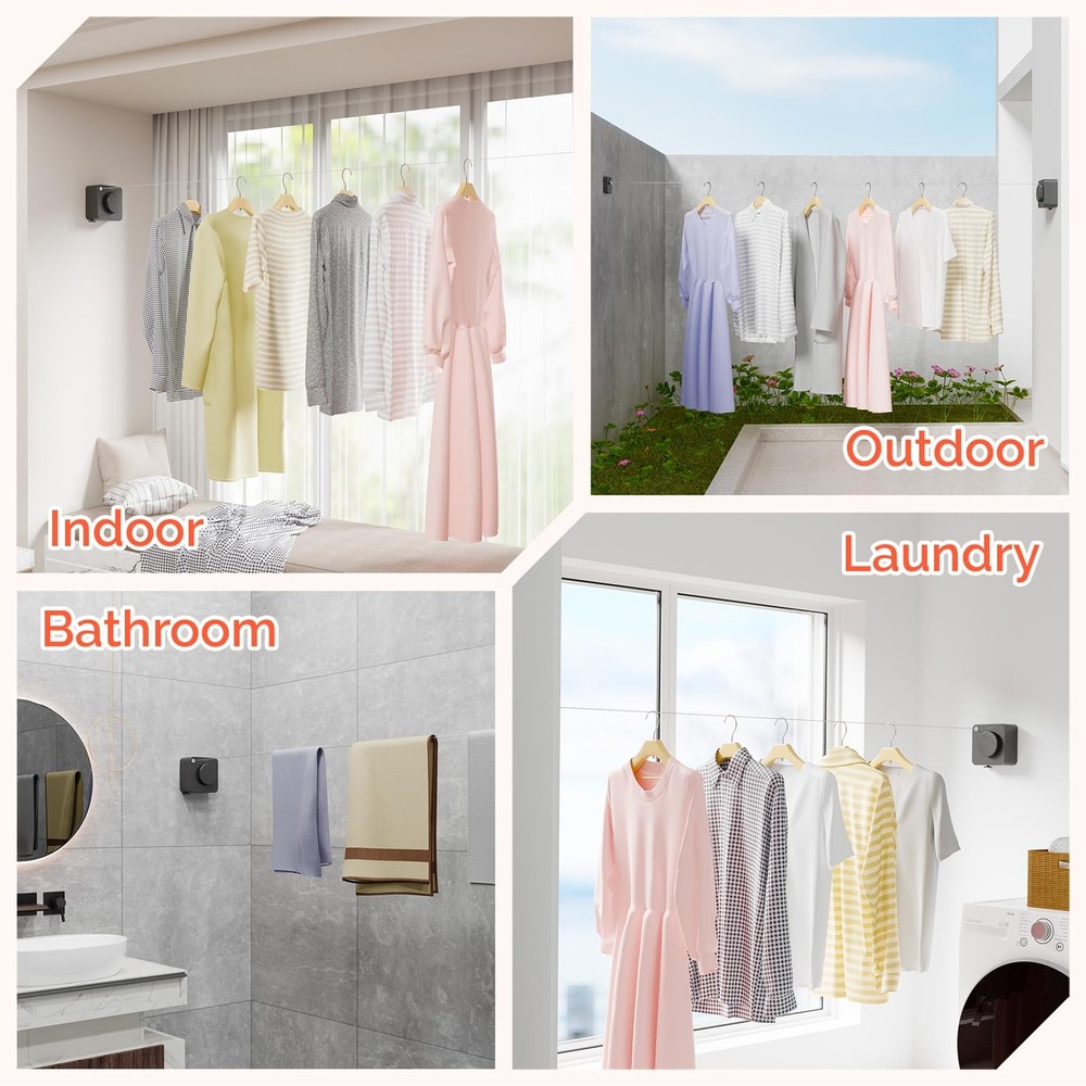 Retractable Clothesline Indoor, Non-Sagging Outdoors Gray