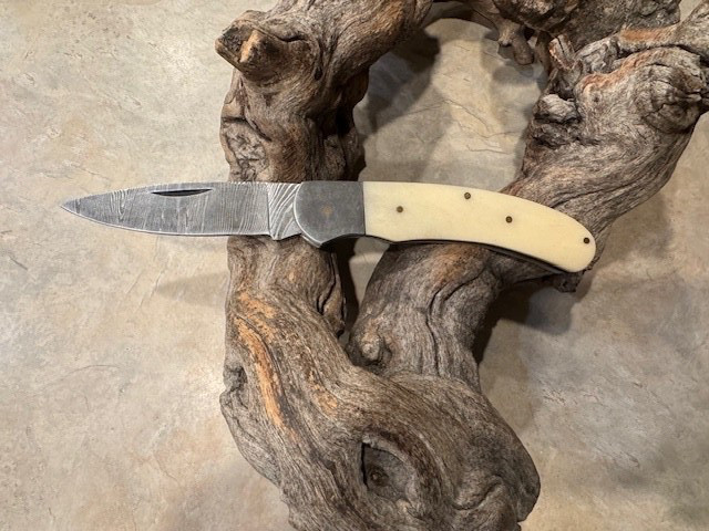 Big Damascus folding blade knife w/ White Bone handle