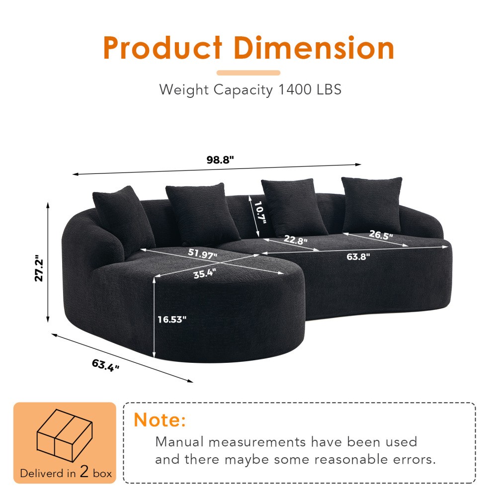 L-Shape Sectional Sofa w/ Chaise, Black Chenille Modular Couch, 30D Foam