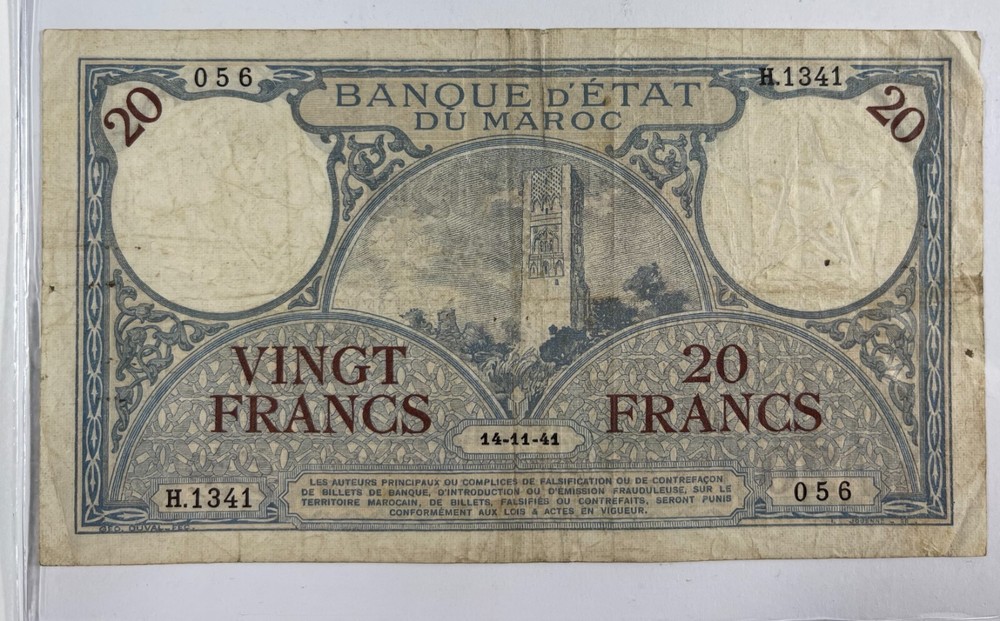 Morocco 1941 20 Francs (#482) decent circulated note.