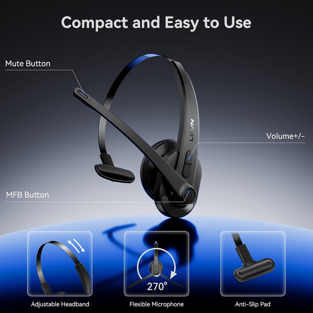 Wireless Headset with Mic for Work, Bluetooth Headset with Microphone-Ai Noise C