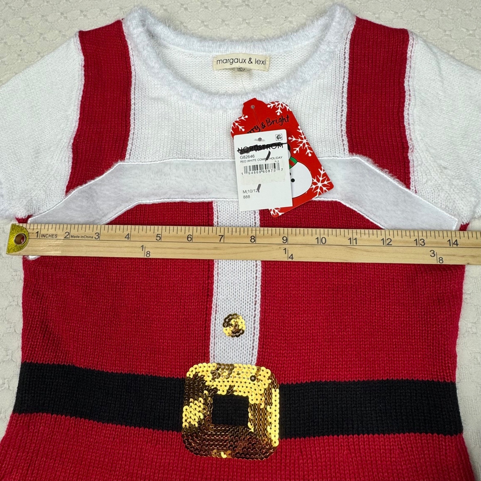 NEW Margaux Lexi Girl Red White Santa Dress Knit Sequins Belt Sz M 10 12 Holiday