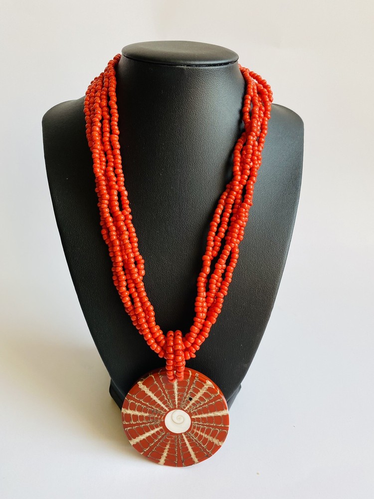 Ethnic Multi Layered Red Beaded Necklaces w/ Shells Inlaid Pendent 20”L