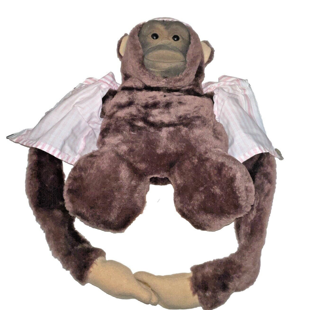 Monkey Chimp Hand Puppet Plush Jacket Hat Pink Stripes Squeaks Connecting Arms *