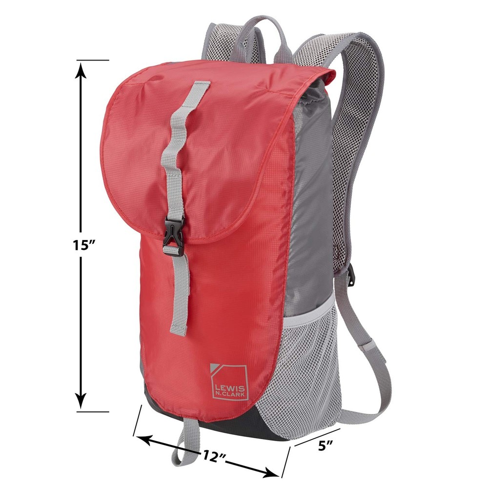 Lewis N. Clark Lightweight-Packable BackPack + Ditty Bag 18 inch, Red/Gray