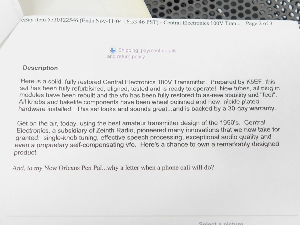 Central Electronics 100V Vintage Ham Radio Transmitter (excellent cosmetics)