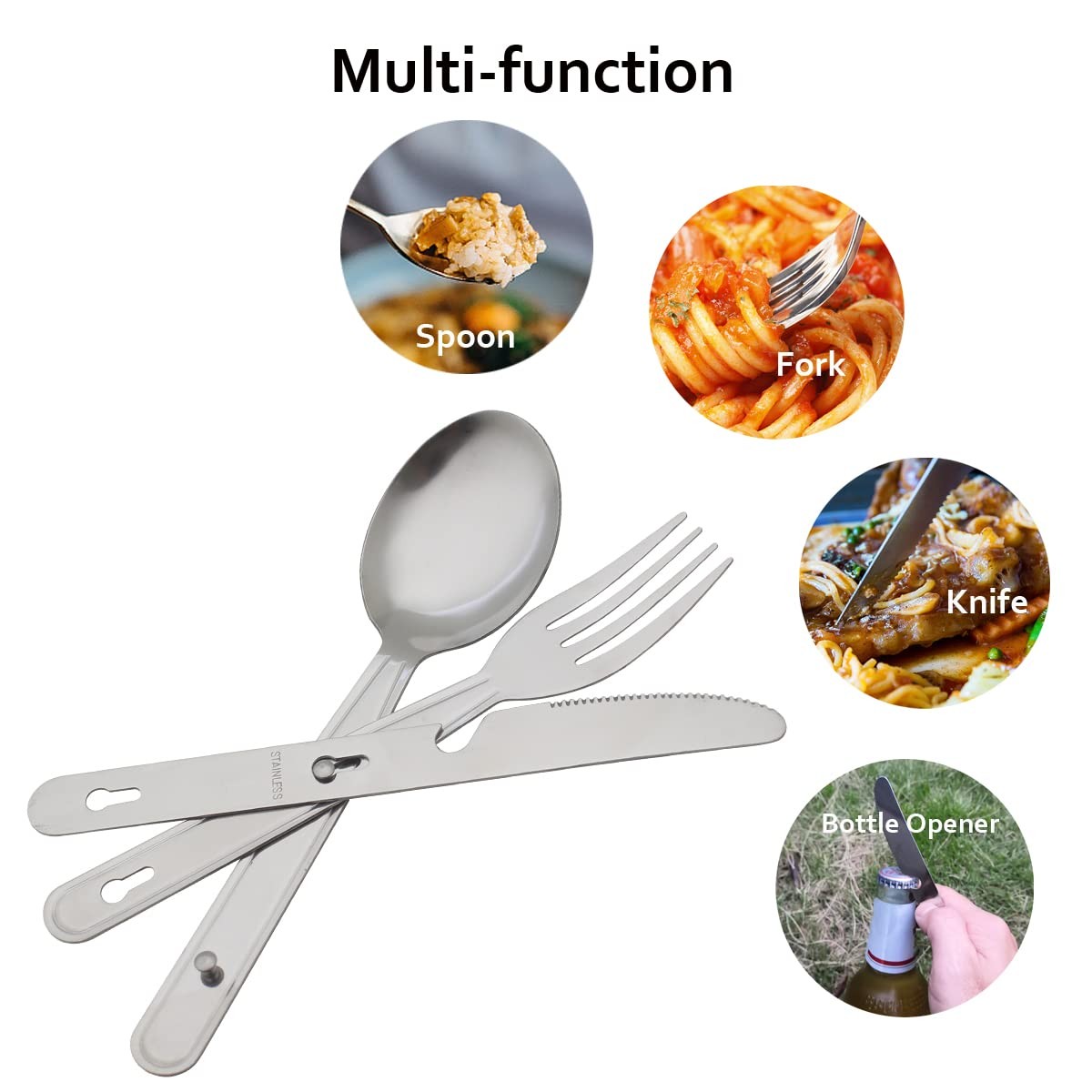 4-in-1 Camping Utensil Set for 4 Stainless Steel Spoon Fork Knife Bottle Opener