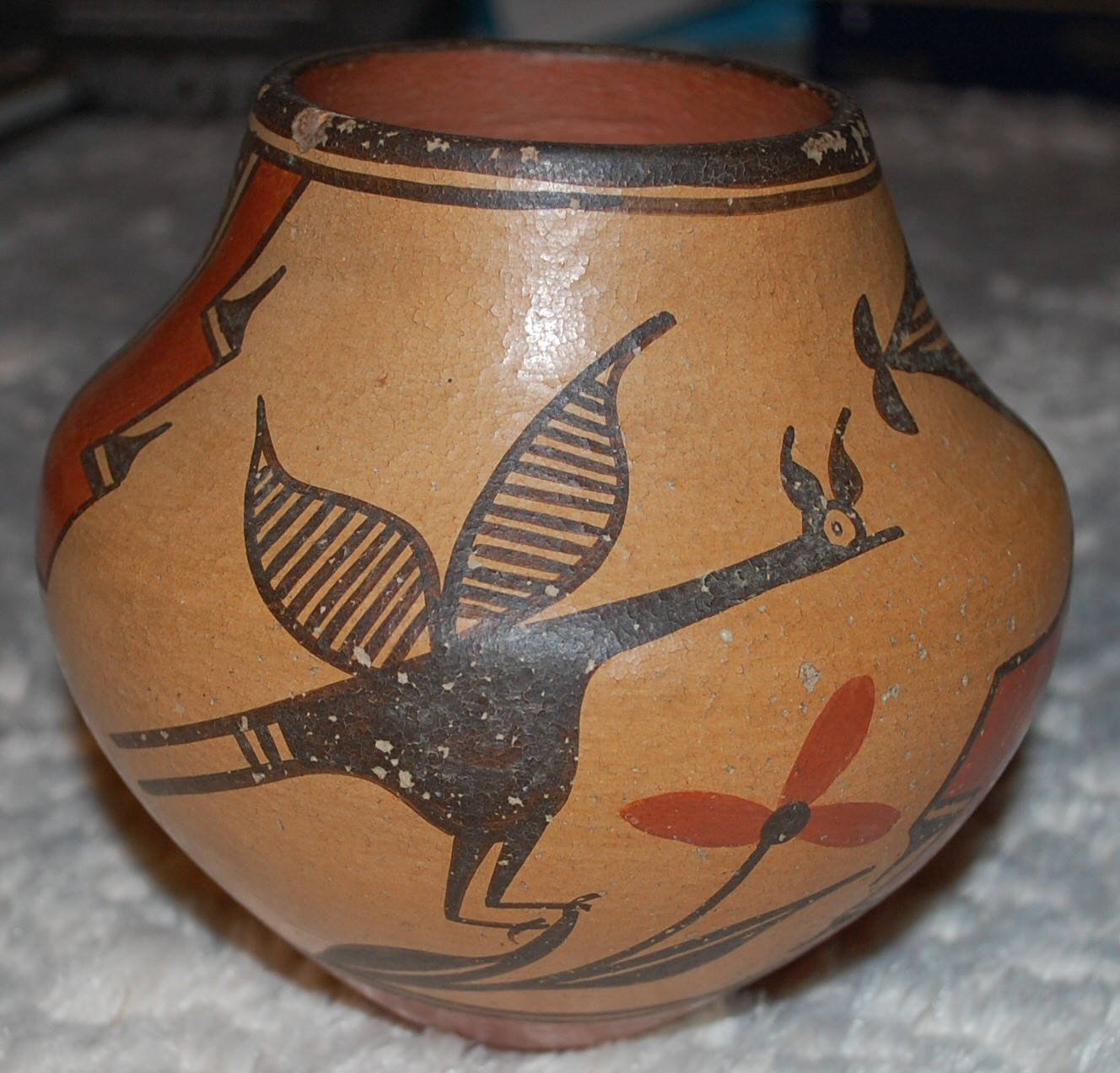 Vintage-1930-40 Zia Pottery Jar Roadrunner, Flower & Geometric designs-E. Medina