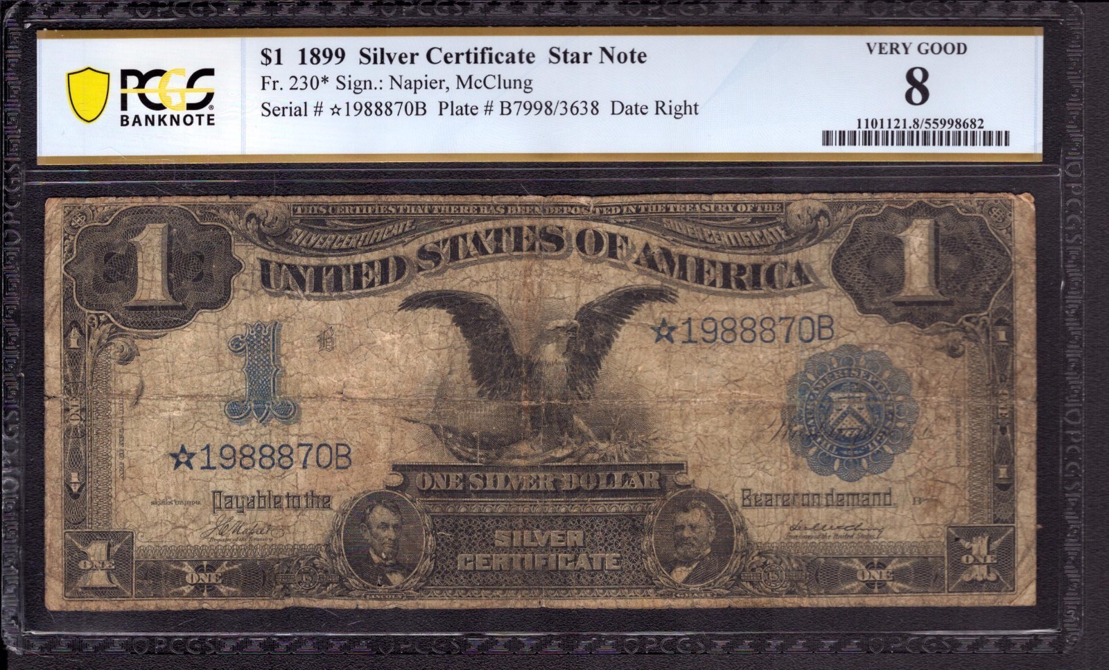 1899 $1 SILVER CERTIFICATE STAR NOTE FR.230* NAPIER McCLUNG PCGS VERY GOOD VG 8