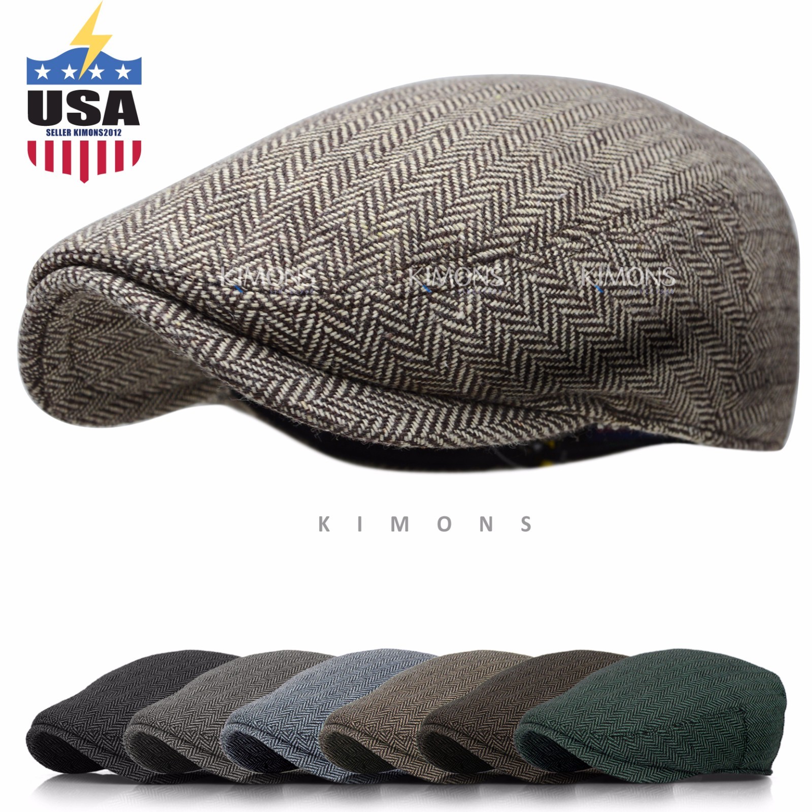 EM Herringbone Wool Stripe Ivy Hat Gatsby Flat Cabbie Cap