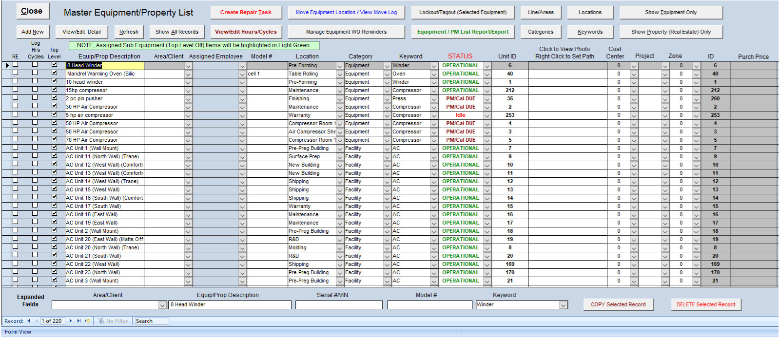 ZUD, MS Access CMMS app for Maintaining Equip, Inventory ,PM/Repair Work Orders