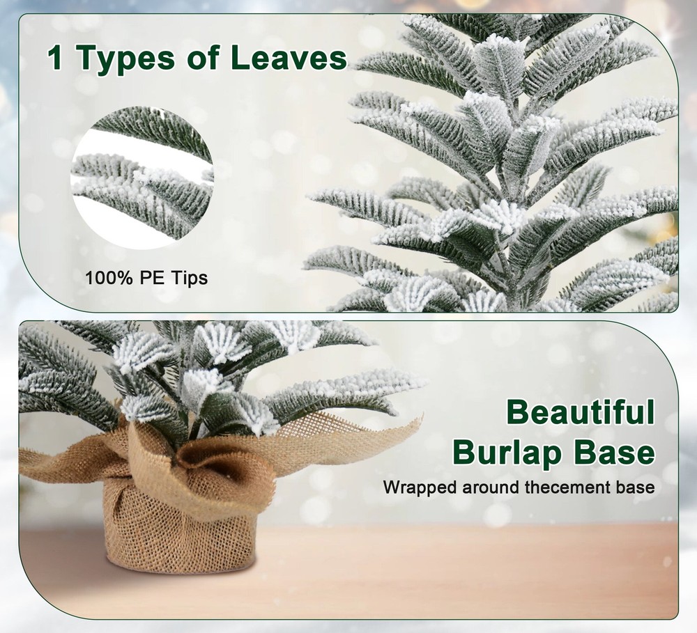 2 ft Flocked Tabletop Artificial Christmas Tree Mini Small Xmas Tree Burlap Base