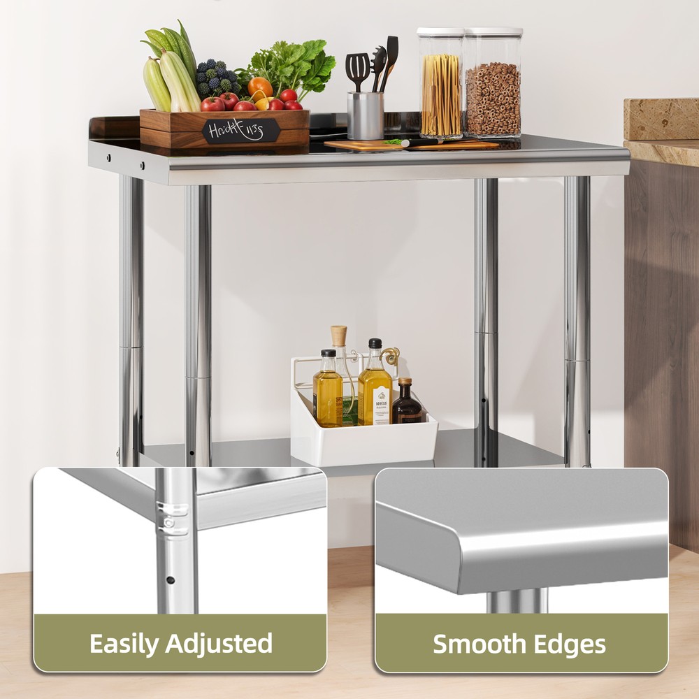 Rolling Work Table Stainless Steel Undershelf Kitchen Prep Backsplash Side Hooks