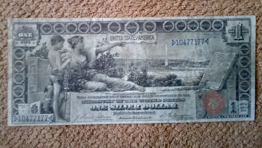 1896 $1 ONE DOLLAR LARGE-SIZE SILVER CERTIFICATE EDUCATIONAL NOTE, VF+, RED SEAL