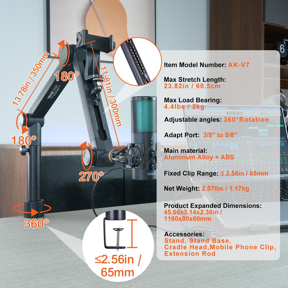 VEVOR Microphone Boom Arm with Desk Mount 360° Rotatable Adjustable Mic Stand