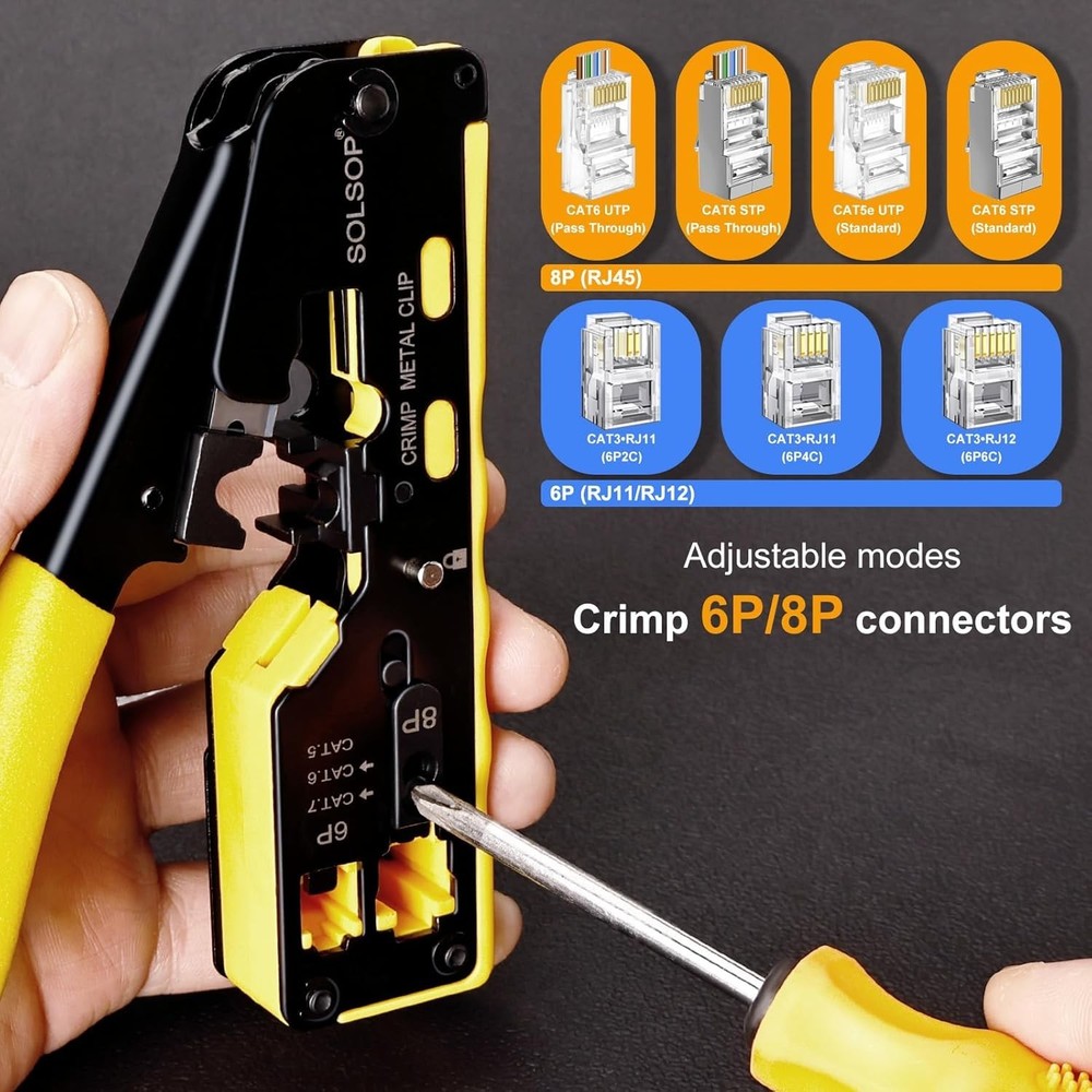 Compact RJ45 Crimp Tool Kit with Cable Tester & 50 Pass Through Connectors