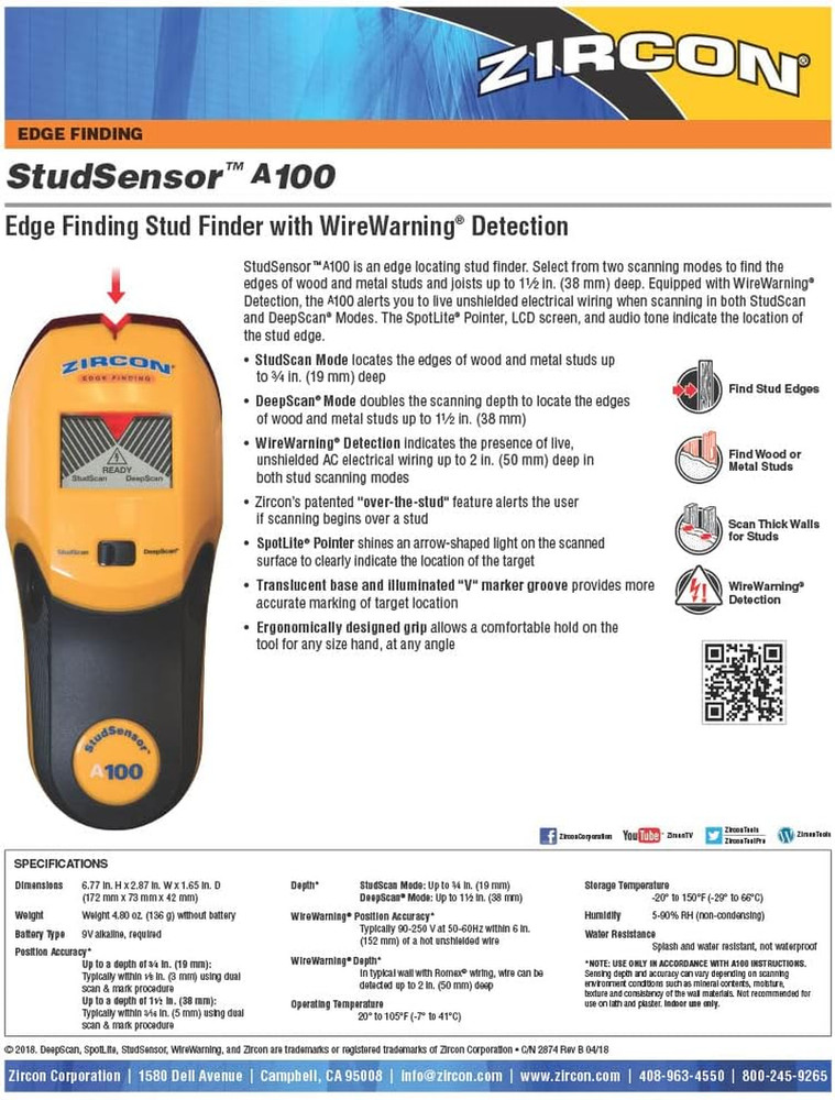 Studsensor A100 Stud Finder and Wall Scanner – Edge Locating Stud Detector with