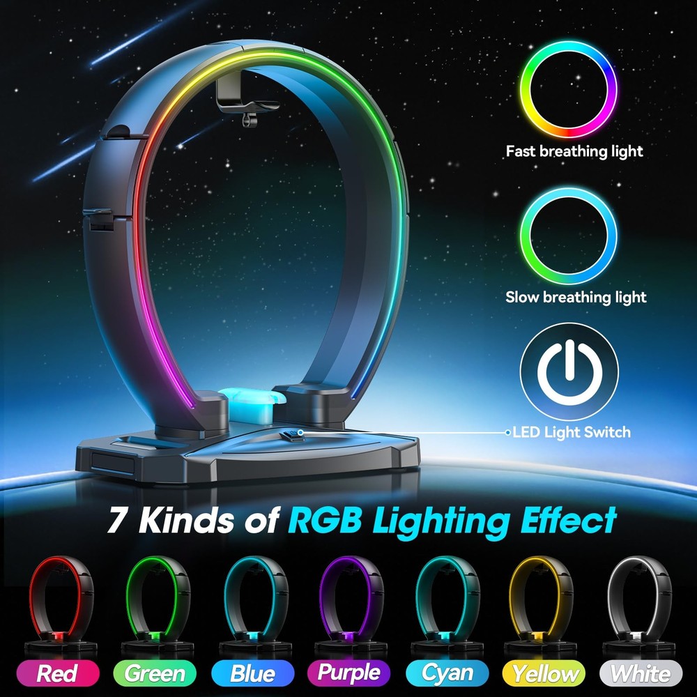 KDD RGB Headphone & Controller Stand with 9 Light Modes - Foldable Black