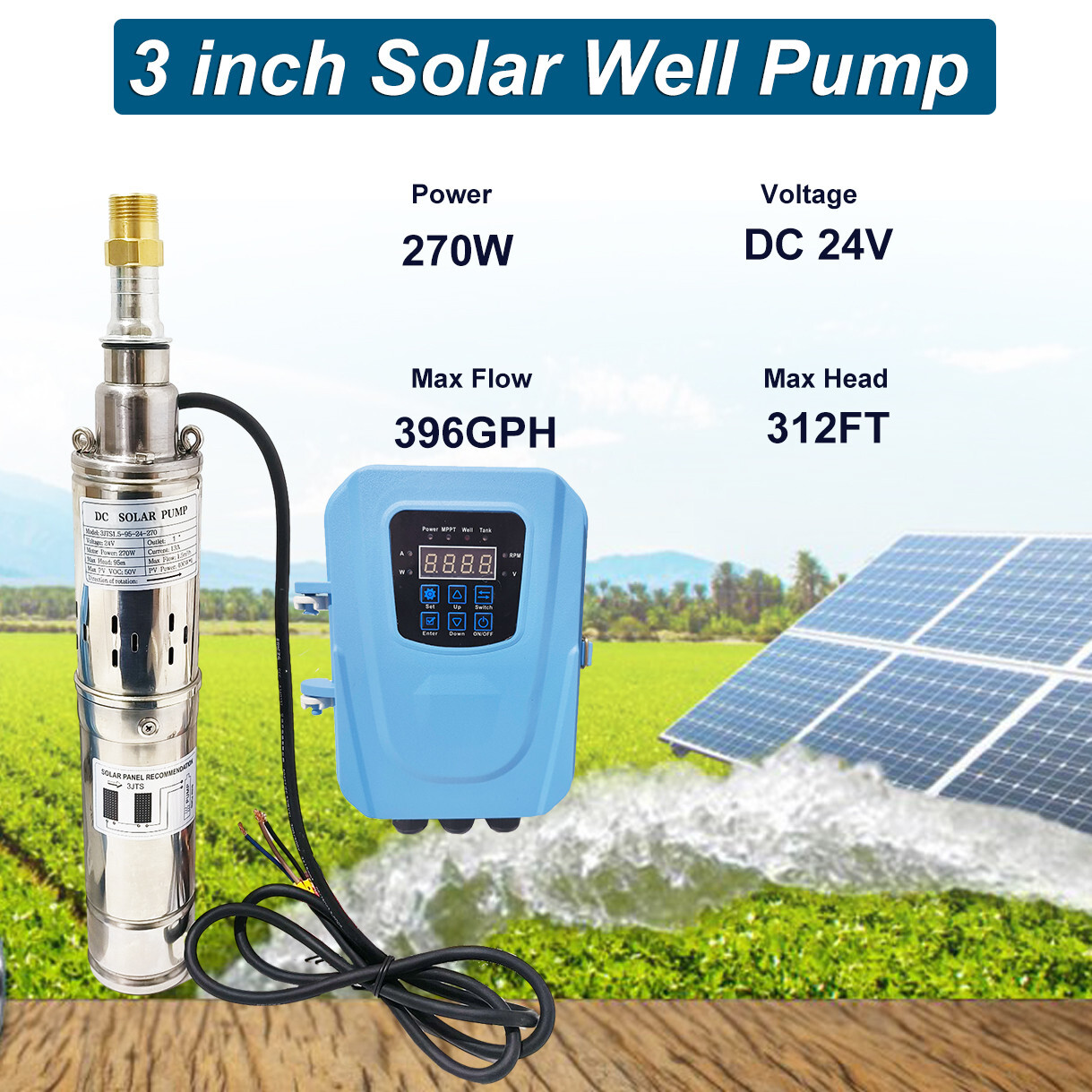 270W 3" Solar Pump Submersible Pump Bore DC 24V Deep Well Pump + MPPT Controller