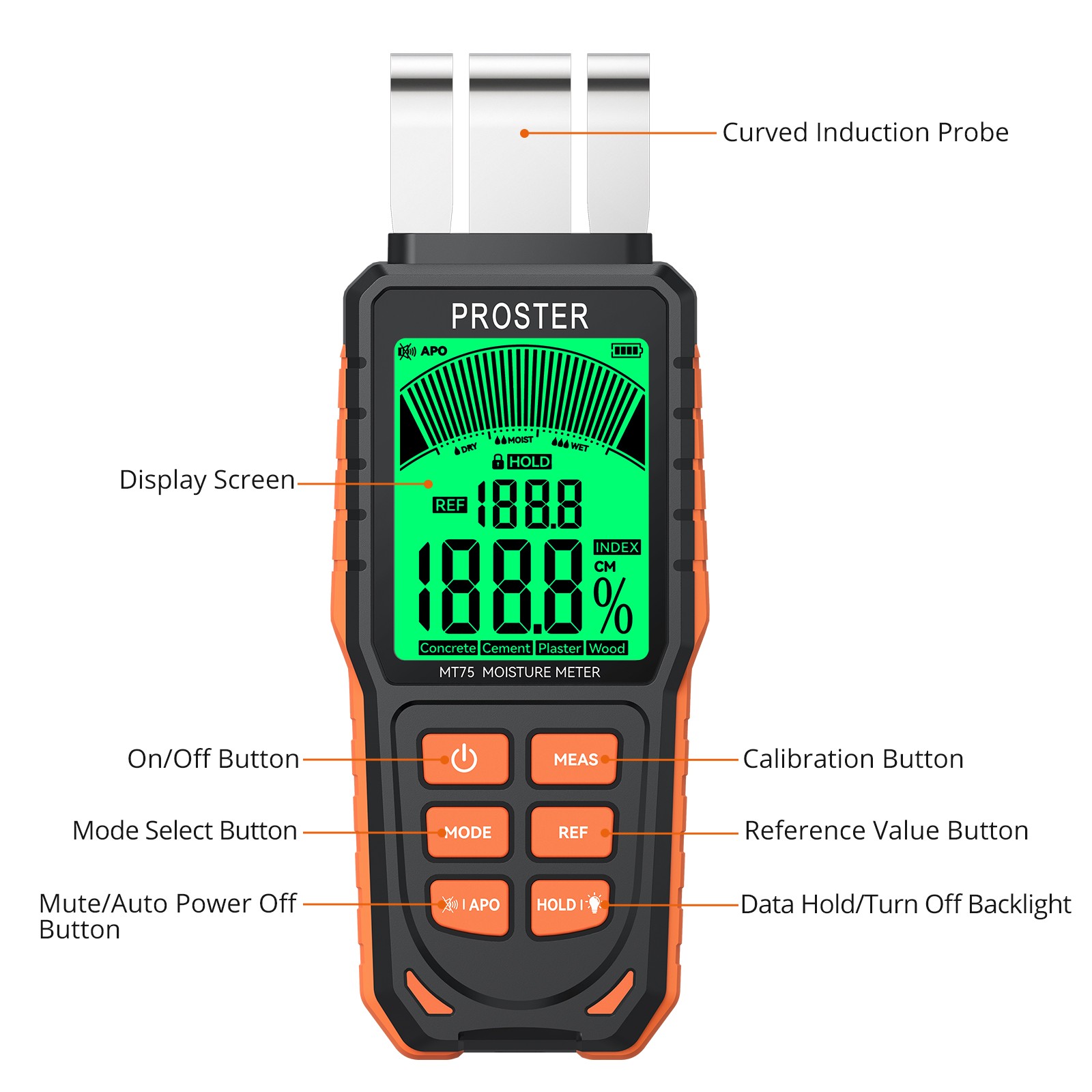 Proster Pinless Moisture Meter Wall Firewood Masonry Concrete 5Modes Damp Tester