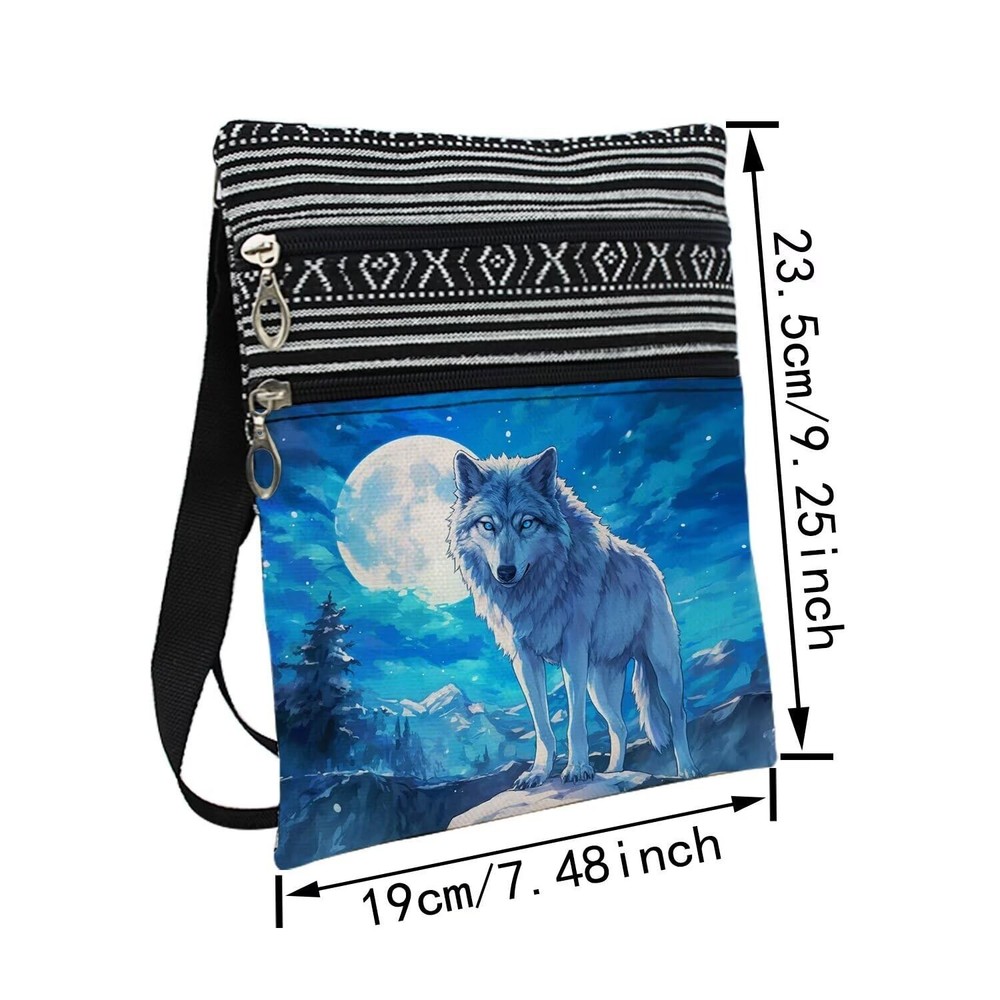 Moon Wolf Messenger Bag - Small Ethnic Pattern Printed Adjustable Strap Cross...