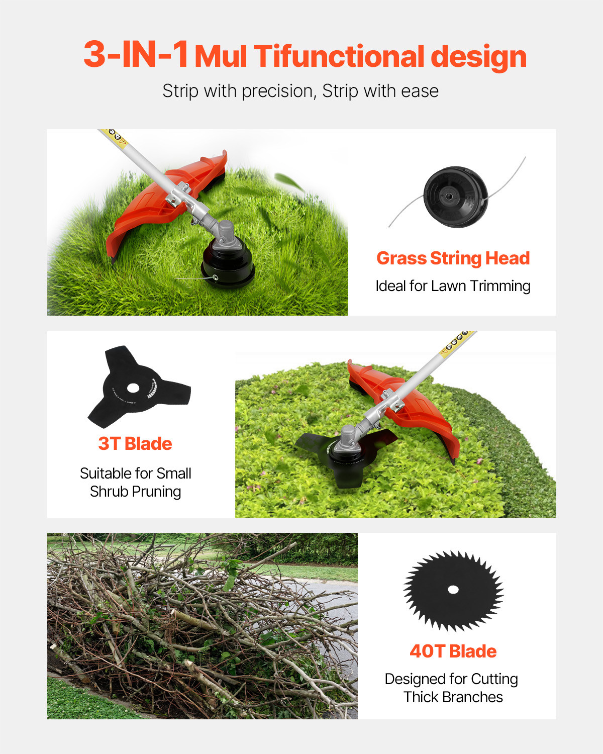 VEVOR Cordless String Trimmer 16.9" 51.7CC Gas Powered Grass Trimmer