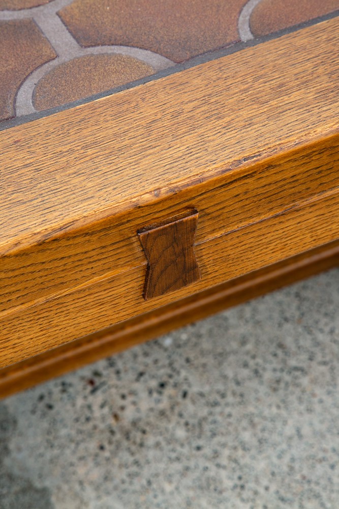 Mid Century Modern Antique Coffee Table Oak Tile Large Brutalist Rolling Rustic