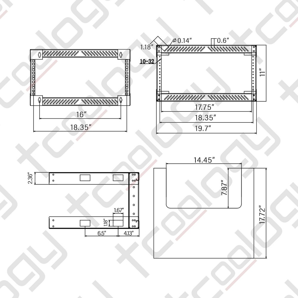 TCoology 4U Wall Mount Open Frame 19'' Server Rack Threaded 17.5 Inch Depth