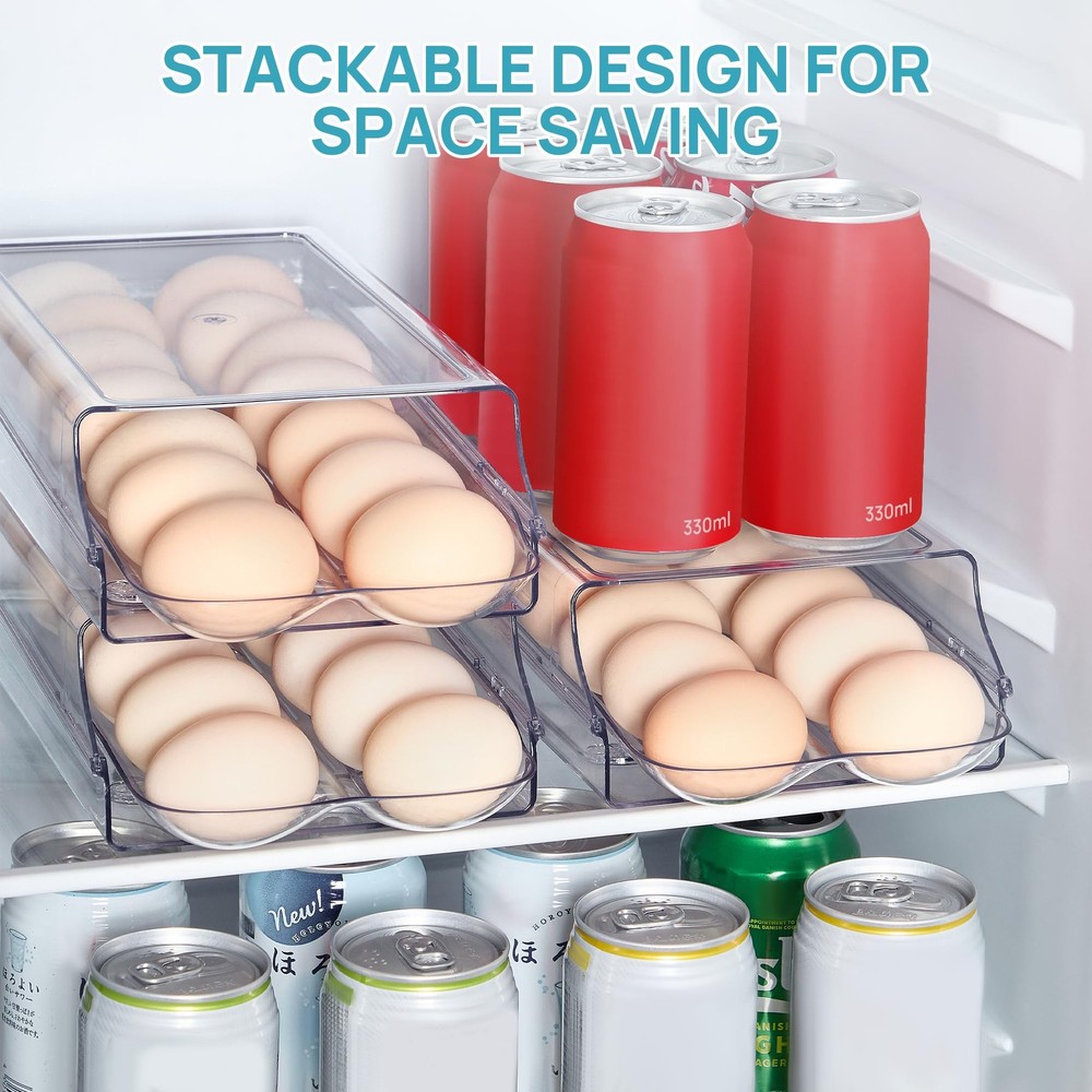 Clear Plastic Egg Holder for Fridge, Automatic Rolling Egg Container for Refr...