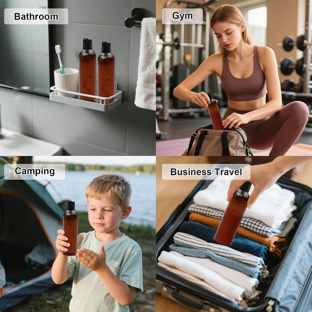 6 Pack 8 oz Amber Plastic Squeeze Bottles with Black Disc Caps Refillable Empty