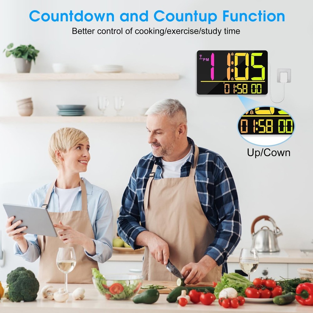 13" Bluetooth Auto Sync Wall Clock- Large Digital Alarm Clock with Remote, RG...