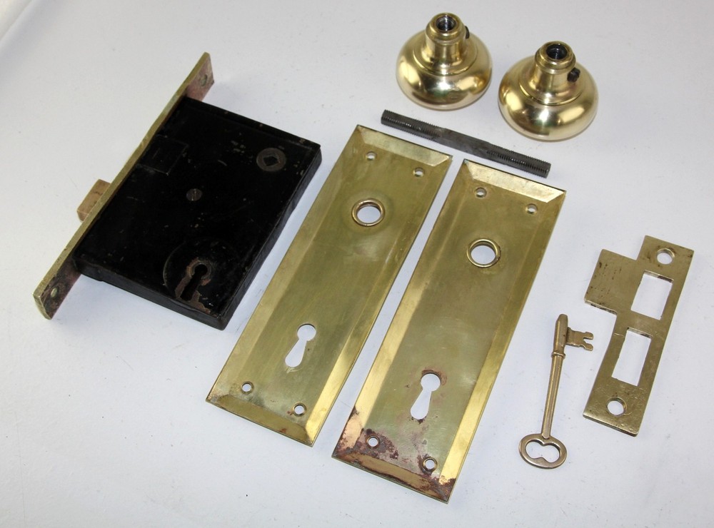 Vintage Industrial Russwin R&E Brass Mortise Lock Set Door Knobs Plates & Key