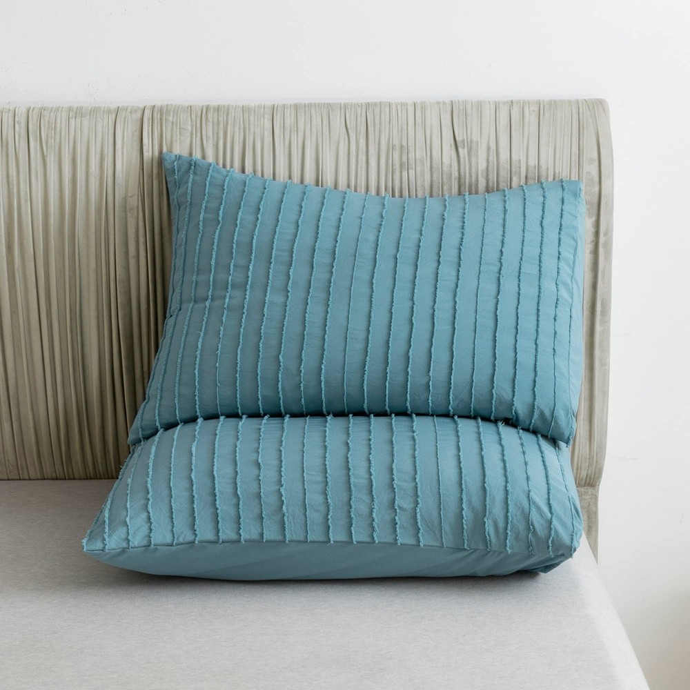 2 Pack Grayish Blue Pillowcases King Size Soft Microfiber Striped Tufted Pill...